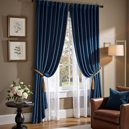 Lazzzy Velvet Blackout Curtains Thermal Insulated Room Window Drapes Super Soft Luxury Curtains for Living Room Bedroom Rod Pocket 2 Panels, Dark Blue, 52" W x 90" L