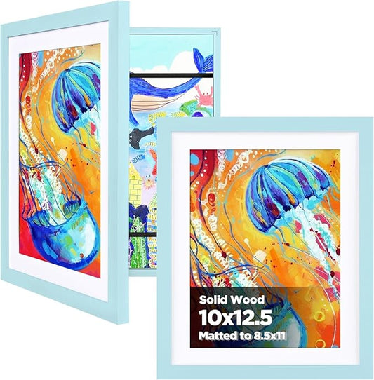 KINLINK 10x12.5 Kids Art Frames Set of 2, Solid Wood Kids Artwork Frames Changeable with Acrylic Front Opening Holds 150 Pictures, Art Frame for Kids Artwork with Mat or without Mat, Light Blue
