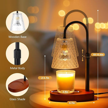Candle Warmer Lamp with Timer: Electric Candles Warmers Adjustable Height Dimmable - Large Wax Candle Warmers Lamps Scented Flower Light - Home Decor Vintage Wood Base Shade Heat Modern Style Black