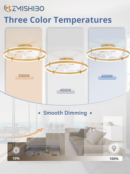 ZMISHIBO 24 Inch Ceiling Fans with Lights and Remote, Modern Low Profile Ceiling Fan, 3000-6000K Dimmable Flush Mount LED Fan Light, 6 Wind Speeds, Fandelier Ceiling Fans for Bedroom- Gold