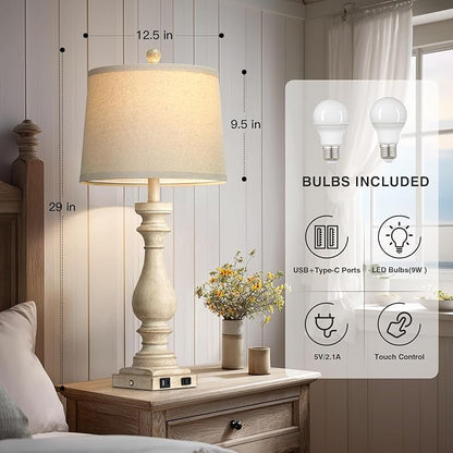 29" Tall Vintage Table Lamps Set of 2,Farmhouse Bedside Lamps with USB C+A Ports & AC Outlet,3-Way Dimmable Touch Lamp for Night Stands Living Room Bedroom,Beige