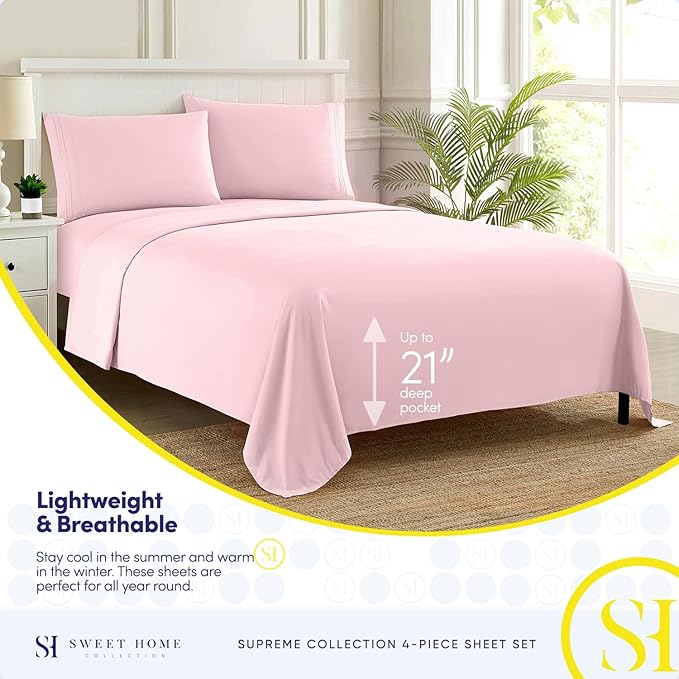 1800 Supreme Collection - Breathable Luxury Sheets with Full Elastic & Secure Corner Straps - Extra Deep Pocket Bedding, Full, Pale Pink