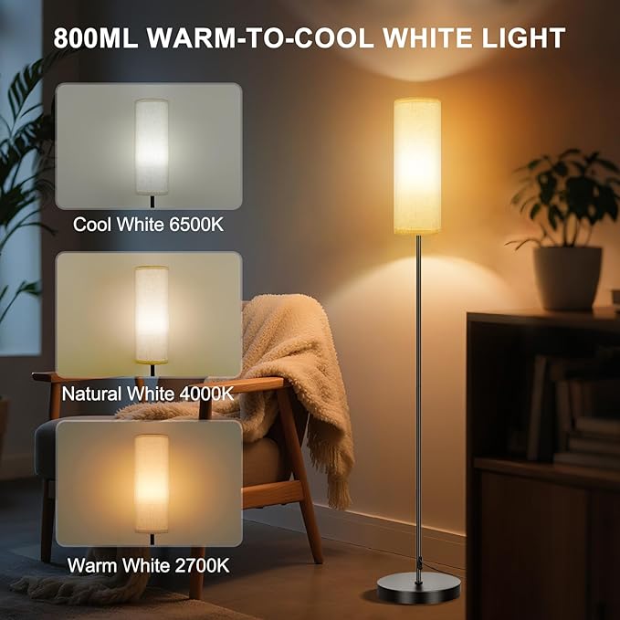 FRIDEKO HOME Floor Lamps for Living Room, Dimmable 3 Colors Temperature, Modern Corner Floor Lamp with Remote, Tall LED Standing Lamps for Kid Room Bedroom, Foot Switch, Beige Shade, 9W Smart Bulb