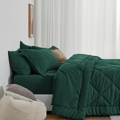 Love's cabin California King Comforter Set Dark Green, 7 Pieces California King Bed in a Bag, All Season Bedding Sets with 1 Comforter, 1 Flat Sheet, 1 Fitted Sheet, 2 Pillowcase and 2 Pillow Sham