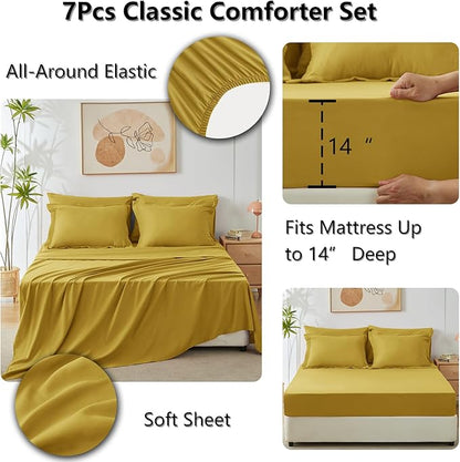 CozyLux Full Size Comforter Sets Mustard Yellow - 7 Pieces Bed in a Bag Full, Luxury Soft Bed Set for All Seasons, Bedding Set with Down Alternative Comforter, Sheets, Pillowcases & Shams