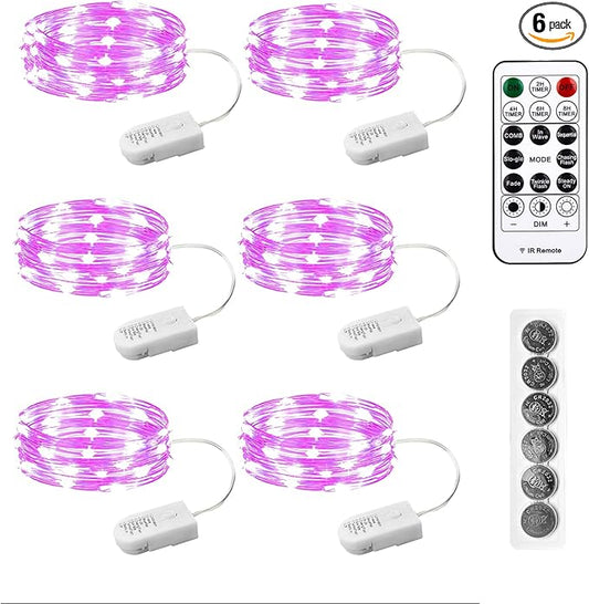 6PCS Fairy Lights Battery Powered with Remote, 7ft 20LEDs Pink Twinkle Mini Lights with Timer, Waterproof Small Silver Wire Firefly Starry for DIY Wedding Party Christmas