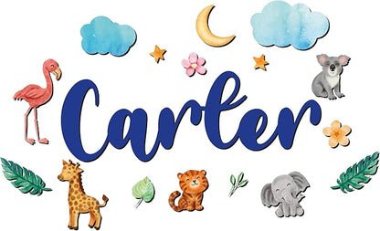 Custom Nursery Name Sign with Themed Decor Kit | Personalized Wooden Wall Art for Baby, Kids Room | Space, Jungle, Circus, Under The Sea, Woodland, Rainbow (40", Jungle/Safari)