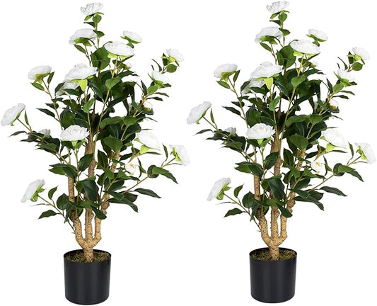 Artificial Camellia Tree 2 Pack, 38’’ Faux Camellia Plant in Pot with White Flowers, Greenery Potted Plant for Indoor Outdoor Office Home Porch Decor, White