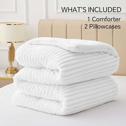 BEDELITE Fleece Queen Comforter Set -Super Soft & Warm Fluffy Bright White Bedding, Luxury Fuzzy Heavy Bed Set for Winter with 2 Pillow Cases