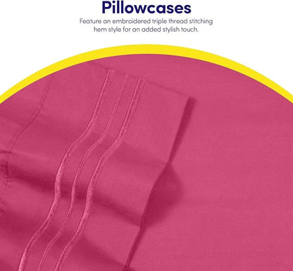 Sweet Home Collection Twin Size Sheet Set with Built-in Sheet Straps - Deep Pocket Fitted Sheet, Flat Sheet & Pillowcases - Soft, Wrinkle-Free, Secure Fit - Fuschia