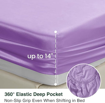 Love's cabin Satin Queen Sheets Set - 4 Piece Lavender Silky Bed Sheets with Deep Pocket, Luxury Silk Feel Satin Queen Size Sheet Set (1 Flat Sheet,1 Fitted Sheet,2 Pillow Cases)