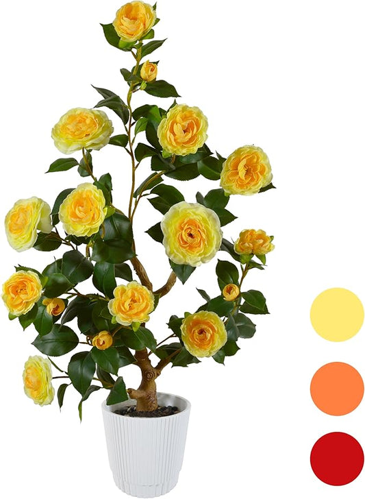 Artificial Camellia Tree 3ft, Fake Plant in White Pot, Faux Camellia Silk Flower Potted Tree for Indoor Outdoor Home Livingroom Office Decor (Yellow)