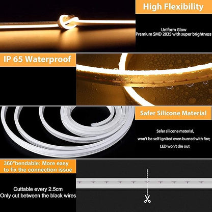 Lamomo LED Neon Lights, 12V Warm White Dimmable LED Strip Lights, 16.4ft/5m Waterproof LED Neon Rope Lights, Silicone 3000K Neon LED Strip for Bedroom Indoor Home Decor (Power Adapter Included)