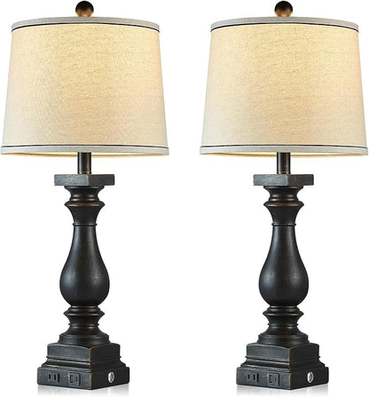 28" Tall Farmhouse Table Lamps Set of 2 with USB C+A Ports and AC Outlet, 3 Way Touch Control Rustic Bedside Lamp for Bedroom, Black Vintage Nightstand Lamp for Living Room Office