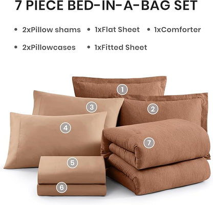 Monbix Oversized Queen Comforter Set - 7 Pieces Cationic Dyeing Autumn Leaf Bed in a Bag Bedding Sets with Comforter, Sheets, Pillowcases & Shams, Reversible Bedding Comforters Sets