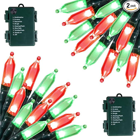 Battery Operated Christmas Lights 2 Pack 18 Feet 50 LED Clear Mini String Lights with 8 Modes Waterproof Tree Lights for Xmas Outdoor Indoor Holiday Party Garden Decor, Red & Green