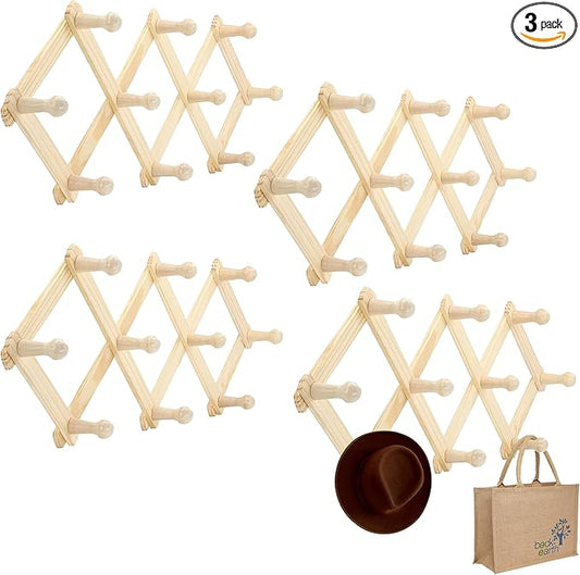 Set of 4 RAM-PRO Accordion Style Wood Expandable Wall Rack for Hat, Cap, Belt, Umbrella Coffee Mug Jewelry Hanging Wooden Pegs
