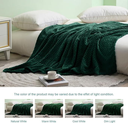 Exclusivo Mezcla Fleece Queen Size Blanket for Bed, 90x90 Inches Soft Cozy Jacquard Flannel Blankets, Lightweight Fuzzy Plush Warm for Winter, Forest Green