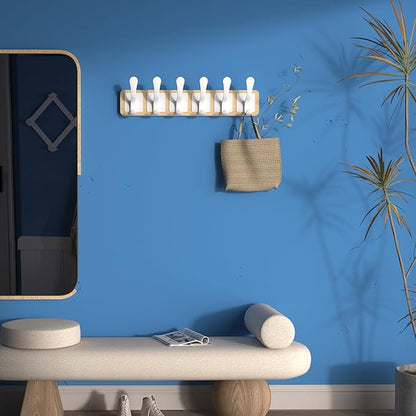 SKOLOO Scandi-Style Wooden Carved-Block Coat Hook & Hanger - Wall Mount with 6 Hooks for Clothing & Accessories, Natural & White