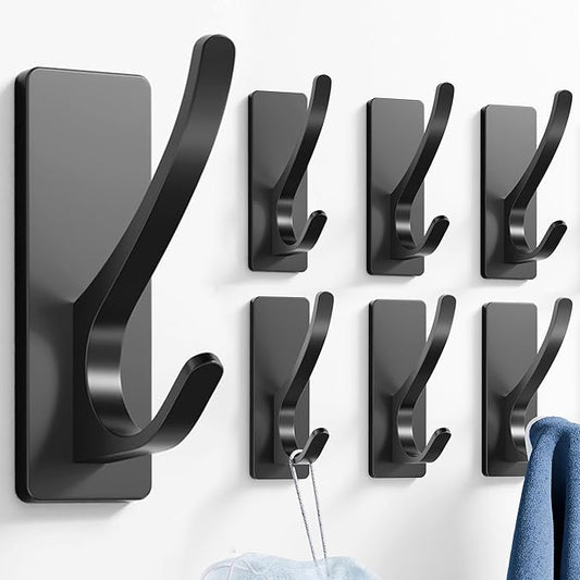 pickpiff Self Adhesive Coat Hooks for Hanging: Heavy Duty Stainless Wall Hook for Towel, Backpack, Hat, Sturdy Metal Hanger, 6-Pack, Matt Black