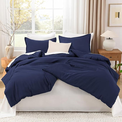 Litanika Comforters Navy Blue Super King Plus Size, 3 Pieces Lightweight Solid Bedding Set & Collections, All Season Fluffy Bed Set (128x120In Comforter & 2 Pillowcases)