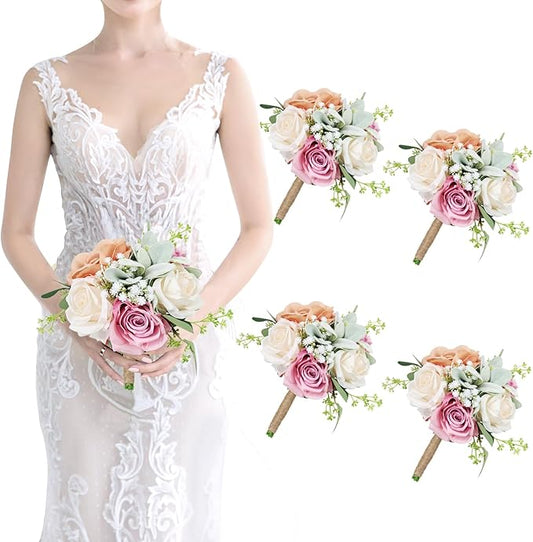 Bridesmaid Bouquets Set of 4 - Blush & Pink Artificial Flowers Bouquet for Bridesmaids Wedding Small Floral Centerpieces for Marriage Proposal Party Anniversary Dining Table Decor -7 Inch