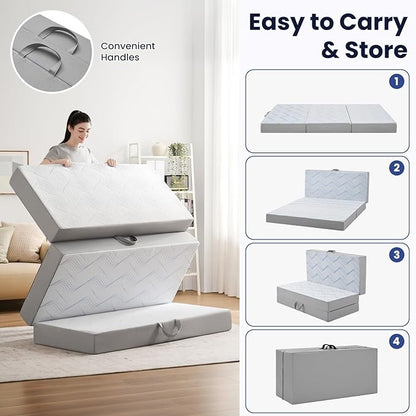 Foldable Mattress Queen 3 inch -Portable White Memory Foam Folding Matress with Washable Cover for Camping Travel Guest Room Home Use-Non-Slip&Easy Storage