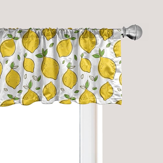Ambesonne Lemons Window Valance, Continuous Citrus Fruits Leaves Refreshing Cartoon Pattern, Curtain Valance for Kitchen Bedroom Decor with Rod Pocket, 54" X 12", Lime Green Earth Yellow