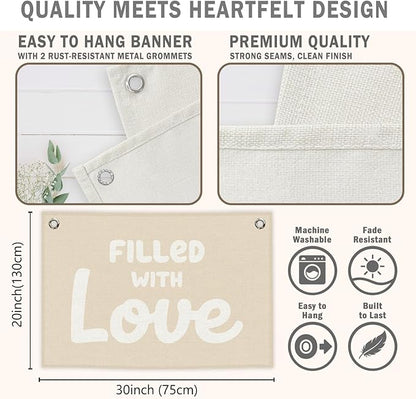 Nursery Kids Banner Canvas, Boho Beige Toddler Room Decor, Filled with Love Hanging Flag Sign, Inspirational Wall Tapestry Art for Baby Shower Classroom Playroom Bedroom Decor 20x30in