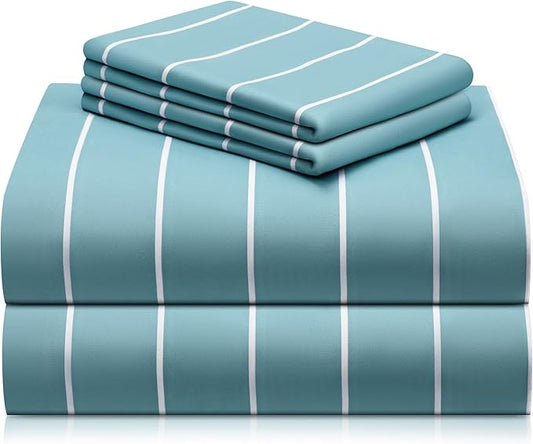 LuxClub 4 PC Queen Size Sheet Set Bed Sheets, Breathable Luxury Deep Pockets 16" Wrinkle Free Cooling Sheets Machine Washable Hotel Bedding (Queen, Striped Light Blue)