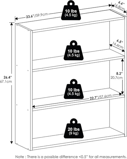 Furinno Basic Book Shelf, 3-Tier Bookshelf, Cube Storage Organizer Bookcase with Open Shelf, 7 x 24 x 26, for Living Room, Bedroom, Home Office, White