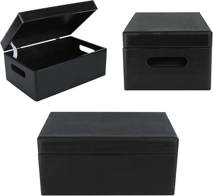 Large Black Wooden Box Storage with Hinged Lid | 11.8 x 7.87 x 5.51 inches (+-0.5) | with Handles | Gift Box for Tool Dog Shoes Clothes Kitchen Storage | Wood Keepsake Chest