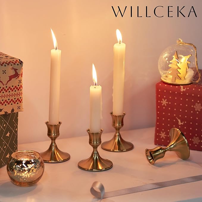 Gold Taper Candle Holder, Brass Candlestick Holders, Vintage Metal for Table Centerpieces Wedding Christmas Decor (Gold, 2 Pcs)
