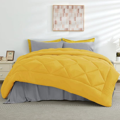 HEVUMYI Queen Comforter Set - 7-Piece All Season Bed in a Bag Queen, Ultra Soft Bedding Set with Comforter, Flat Sheet, Fitted Sheet, Pillowcases, Pillow Shams, Yellow & Light Grey