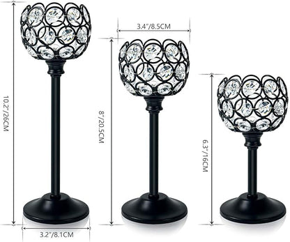 12pcs Bulk Crystal Candle Holders Set, 3 Sizes Tealight Candlestick Holders for Wedding Table Centerpiece, Fireplace Candelabra, Home Decor – Black (Kehail)