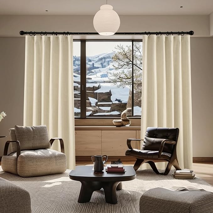KangBang Beige Room Darkening Curtains 96 Inches Long, Blackout Linen Curtains Farmhouse Back Tab Drapes for Living Room, Thermal & Noise Reducing Morden Window Panels(52Wx96L, Natural Beige, 2 PCs)