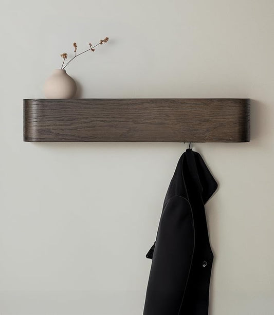Kazai. Wall-Mounted Coat Rack 'Toke' - Modern Design Coat Rack with Hidden Wall Hooks - Solid Wood Veneer Panel Coat Hanger - Oak, Dark
