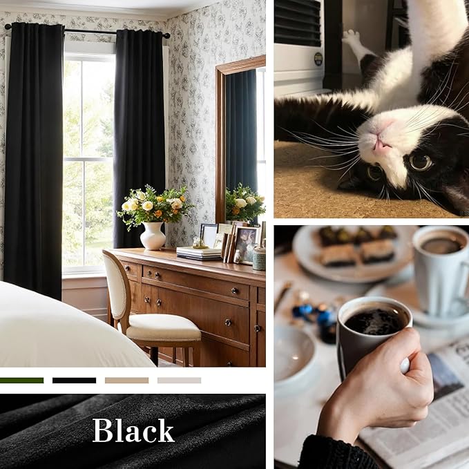 Lazzzy Velvet Blackout Curtains Thermal Insulated Room Window Drapes Super Soft Luxury Curtains for Living Room Bedroom Rod Pocket 2 Panels, Black, 52" W x 63" L