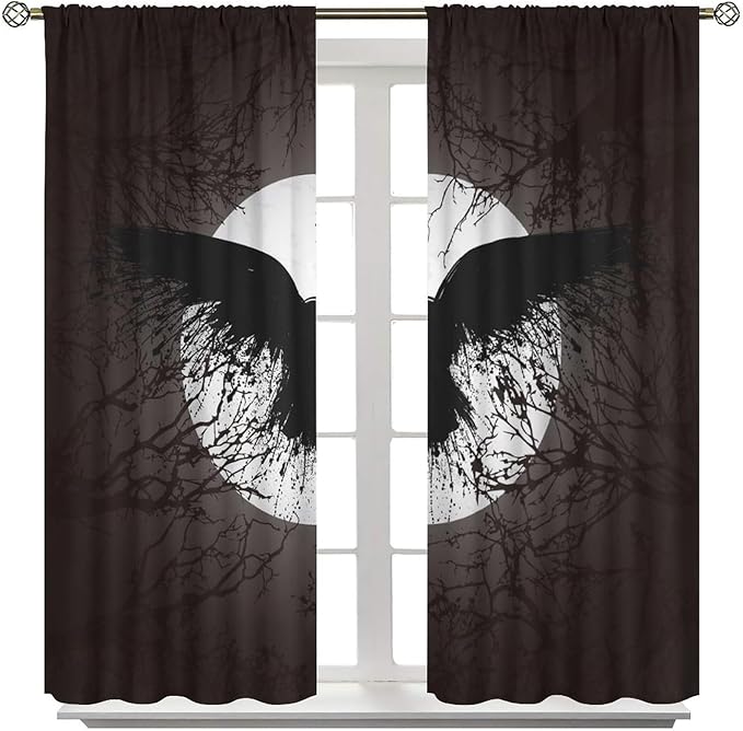 Cool Raven Print Curtains - Vintage Nordic Viking Theme Dead Tree Crow Full Moon Thermal Insulated Blackout Curtains - Rod Pocket Window Treatment Drapes for Bedroom 2 Panels 84L x 42W