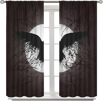 Cool Raven Print Curtains - Vintage Nordic Viking Theme Dead Tree Crow Full Moon Thermal Insulated Blackout Curtains - Rod Pocket Window Treatment Drapes for Bedroom 2 Panels 84L x 42W