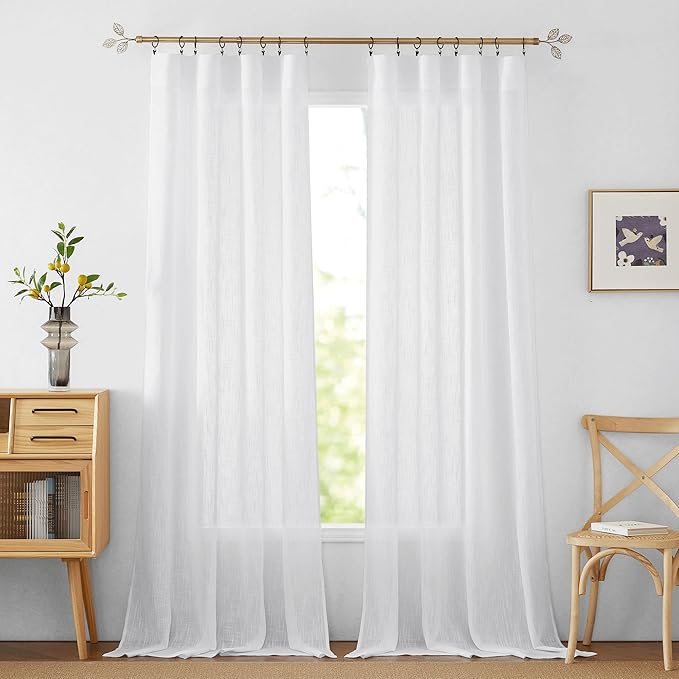 RYB HOME White Thick Opaque Curtains, Linen Textured Blend Semi Sheer Curtains Farmhouse Window Decor for Patio Door Living Room Bedroom Home Office, White, W 34 x L 95 inch, 2 Pcs
