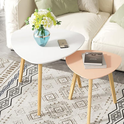 BAMEOS Bamboo Nesting Triangle End Table,Set of 2 Coffee Table Modern Minimalist Side Table for Living Room (White & Pink)