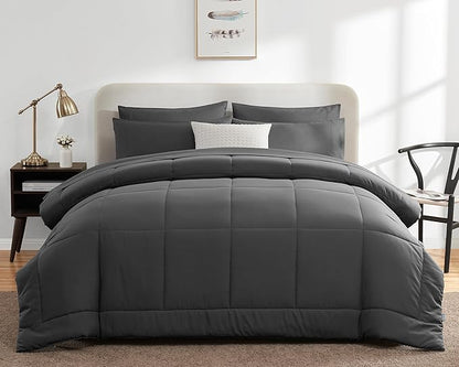 CozyLux Twin Comforter Set with Sheets Dark Grey, 5 Pieces Bed in a Bag, Dark Gray Comforter Twin Size, All Season Bedding Set with Stitch Quilted Comforter, Flat Sheet, Fitted Sheet, Pillowcases