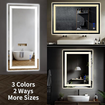32"x24" LED Bathroom Mirror with Anti-Fog, Stepless Dimmable Lights, 3 Color Modes, Shatter-Proof Tempered Glass, Memory Function & Waterproof Design