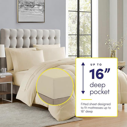 Sweet Home Collection 7 Piece Comforter Set Bag Solid Color All Season Soft Down Alternative Blanket & Luxurious Microfiber Bed Sheets, Beige, Queen
