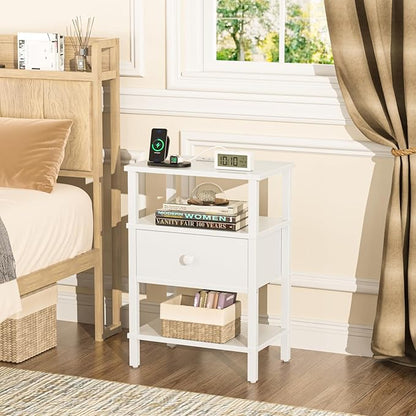 Lerliuo Nightstand with Charging Station and USB Ports, 3-Tier Storage End Table with Drawer Shelf, Night Stand for Small Spaces, Wood Bedside Table for Living Room, Bedroom - Elegant White