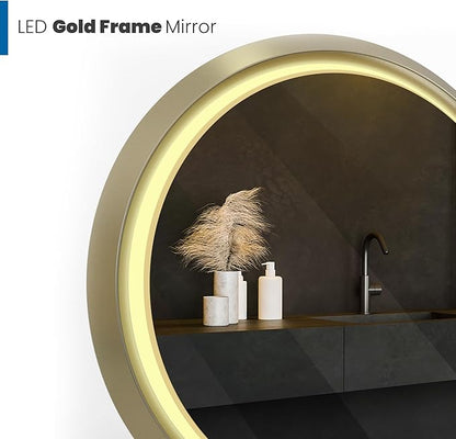 Round LED Mirror 24 Inch for Bathroom, Gold Metal Frame Lighted Vanity Mirror,Wall Mounted Circle with Lights,6000K Anti-Fog & Dimmable Touch Switch