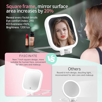 FASCINATE 20X Magnification Rechargeable Travel Makeup Mirror, Lighted Portable Vanity Mirror with 3 Colors Lighting & Stepless Dimming, Double Sided LED Mirror, Gift for Women (White+Bag)