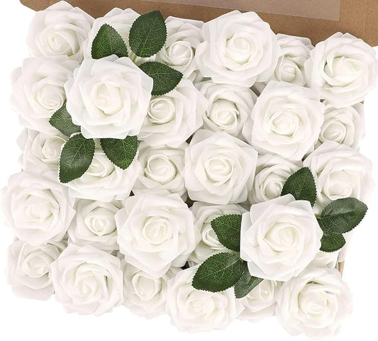 MACTING White Artificial Flower Roses 30PCS Fake Flowers with Stem Real Touch Foam Roses for DIY Wedding Bouquet Arrangements Table Centerpieces Party Bridal Shower Home Spring Mothers Day Decorations