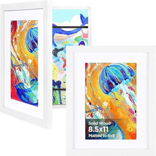 KINLINK 8.5x11 Kids Art Frames Set of 2, Solid Wood Kids Artwork Frames Changeable with Acrylic Front Opening Holds 150 Pictures, Art Frame for Kids Artwork with Mat or without Mat, White